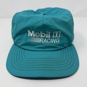 Vintage Mobil 1 Racing Hat Cap Snap Back Mens USA One Size Teal Blue Auto Racing